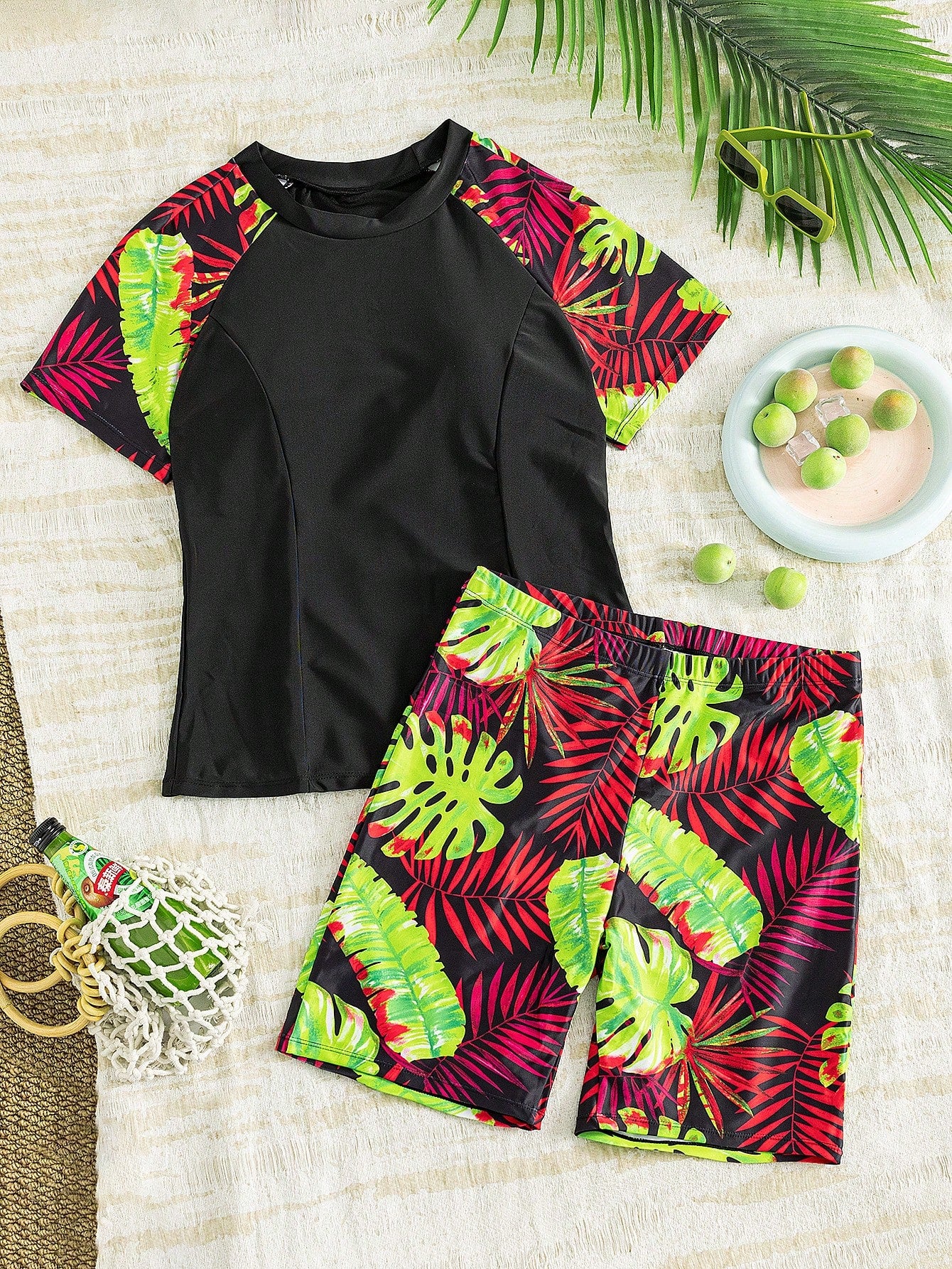 Swim Lushoire Plus Size Women 2pcs Set Short Sleeve Print Tankini Swimwear, Fashionable Casual Beachwear For Summer Beach Vacation