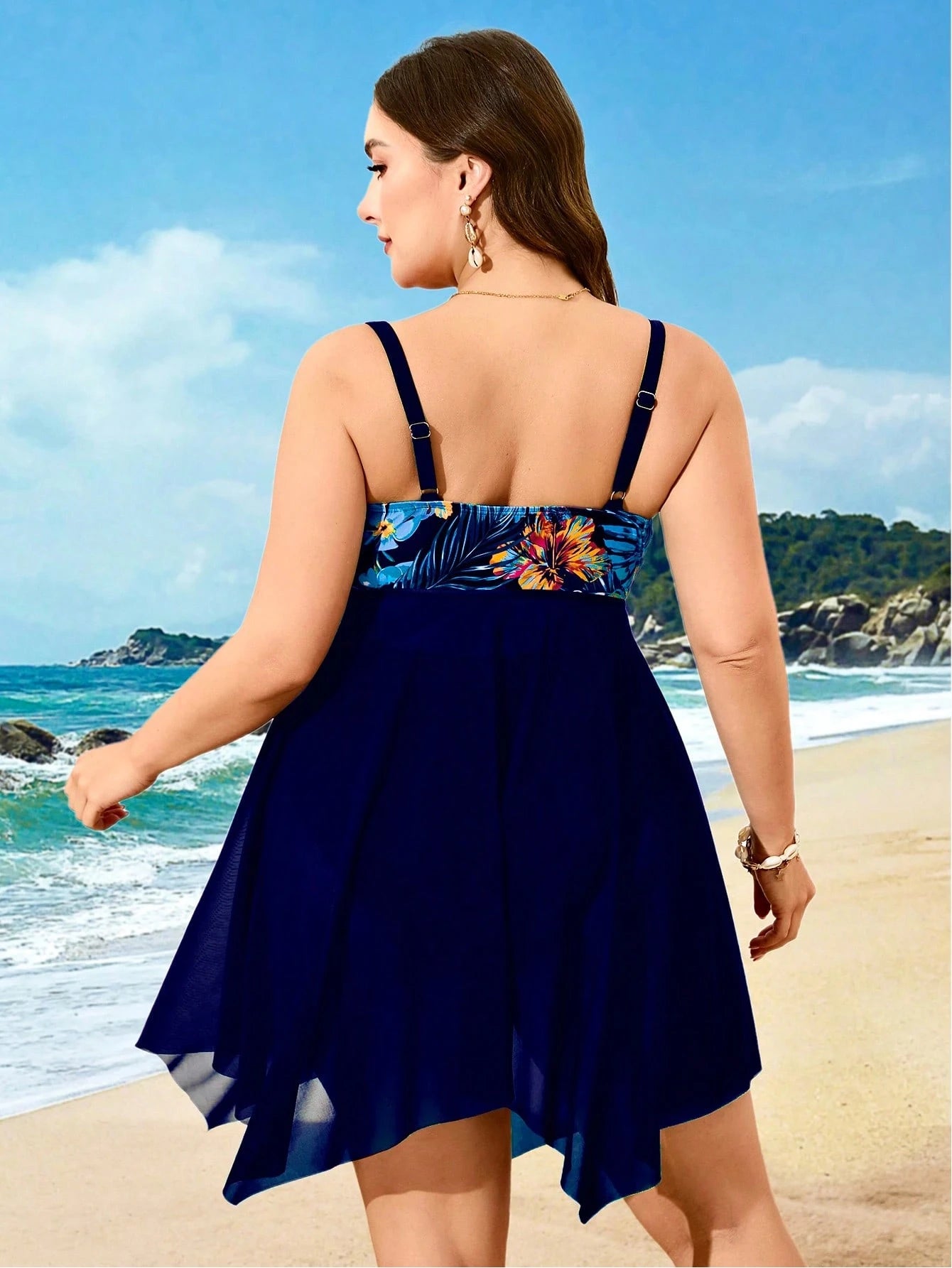 Swim Lushoire Plus Size Women 2pcs Tropical Print Patchwork Navy Blue Mesh Beach Beach Vacation Vacation Swimsuit Summer