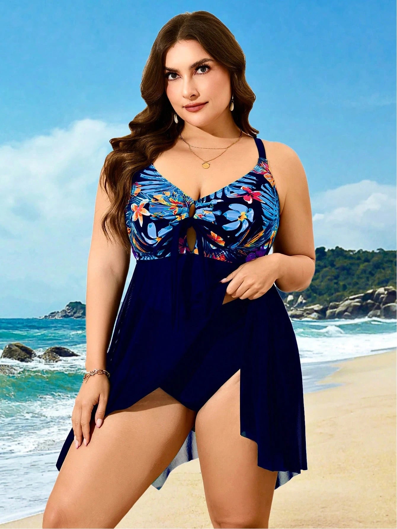 Swim Lushoire Plus Size Women 2pcs Tropical Print Patchwork Navy Blue Mesh Beach Beach Vacation Vacation Swimsuit Summer