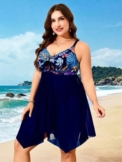 Swim Lushoire Plus Size Women 2pcs Tropical Print Patchwork Navy Blue Mesh Beach Beach Vacation Vacation Swimsuit Summer