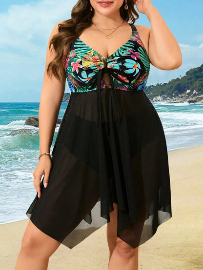 Swim Lushoire Plus Size Women 2pcs Tropical Print Patchwork Navy Blue Mesh Beach Beach Vacation Vacation Swimsuit Summer