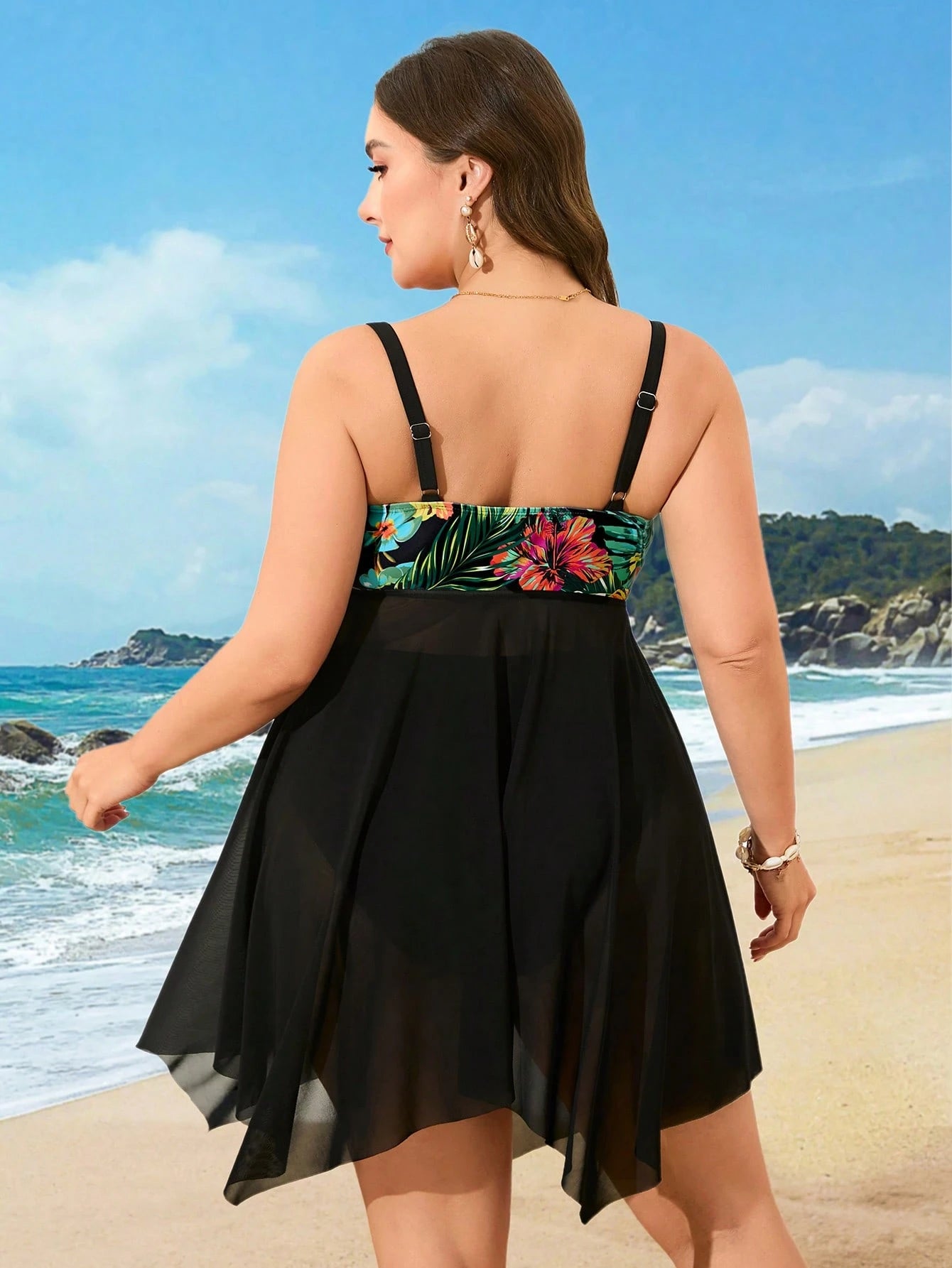 Swim Lushoire Plus Size Women 2pcs Tropical Print Patchwork Navy Blue Mesh Beach Beach Vacation Vacation Swimsuit Summer