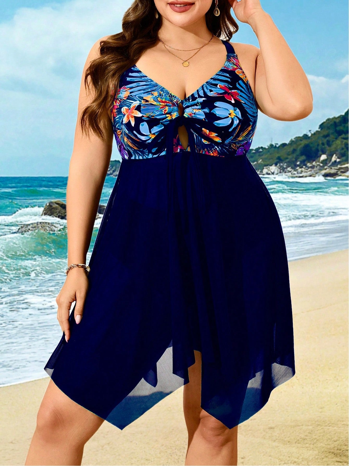 Swim Lushoire Plus Size Women 2pcs Tropical Print Patchwork Navy Blue Mesh Beach Beach Vacation Vacation Swimsuit Summer