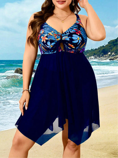 Swim Lushoire Plus Size Women 2pcs Tropical Print Patchwork Navy Blue Mesh Beach Beach Vacation Vacation Swimsuit Summer