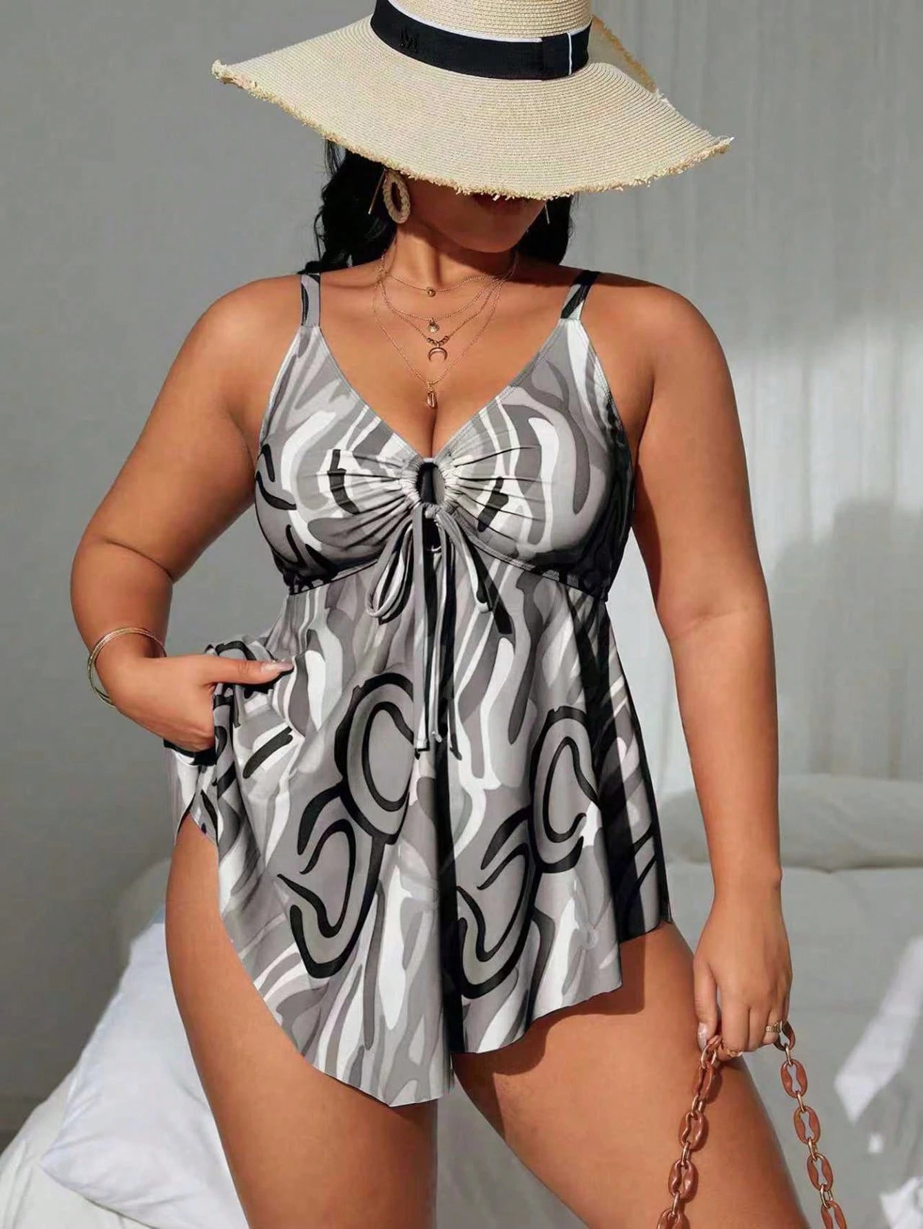 Swim Lushoire Plus Size Women Beach Vacation Holiday Spaghetti Strap Print Tankini Swimsuit Set With Swim Shorts White Summer