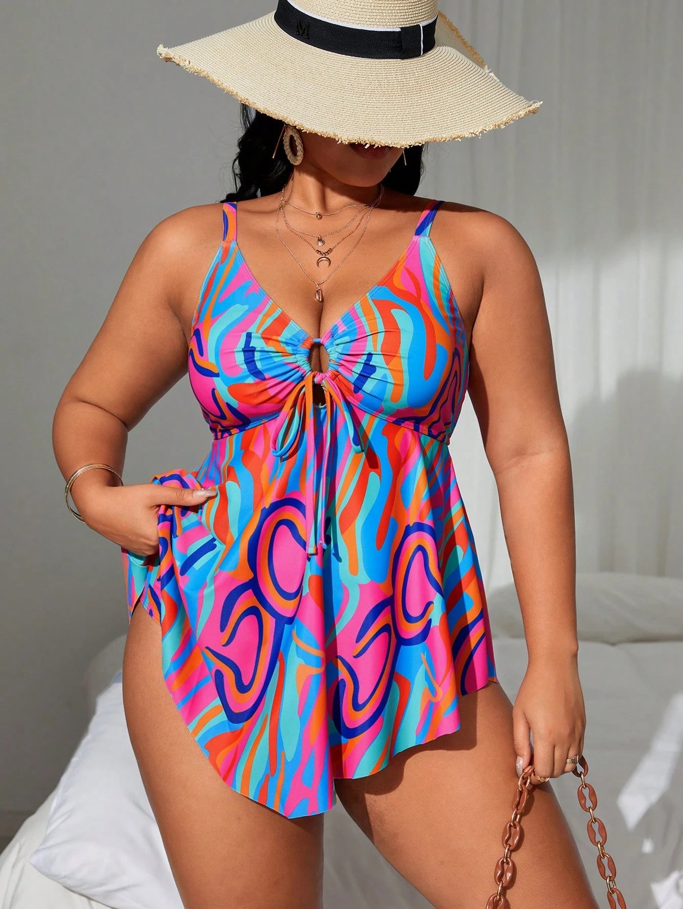 Swim Lushoire Plus Size Women Beach Vacation Holiday Spaghetti Strap Print Tankini Swimsuit Set With Swim Shorts White Summer