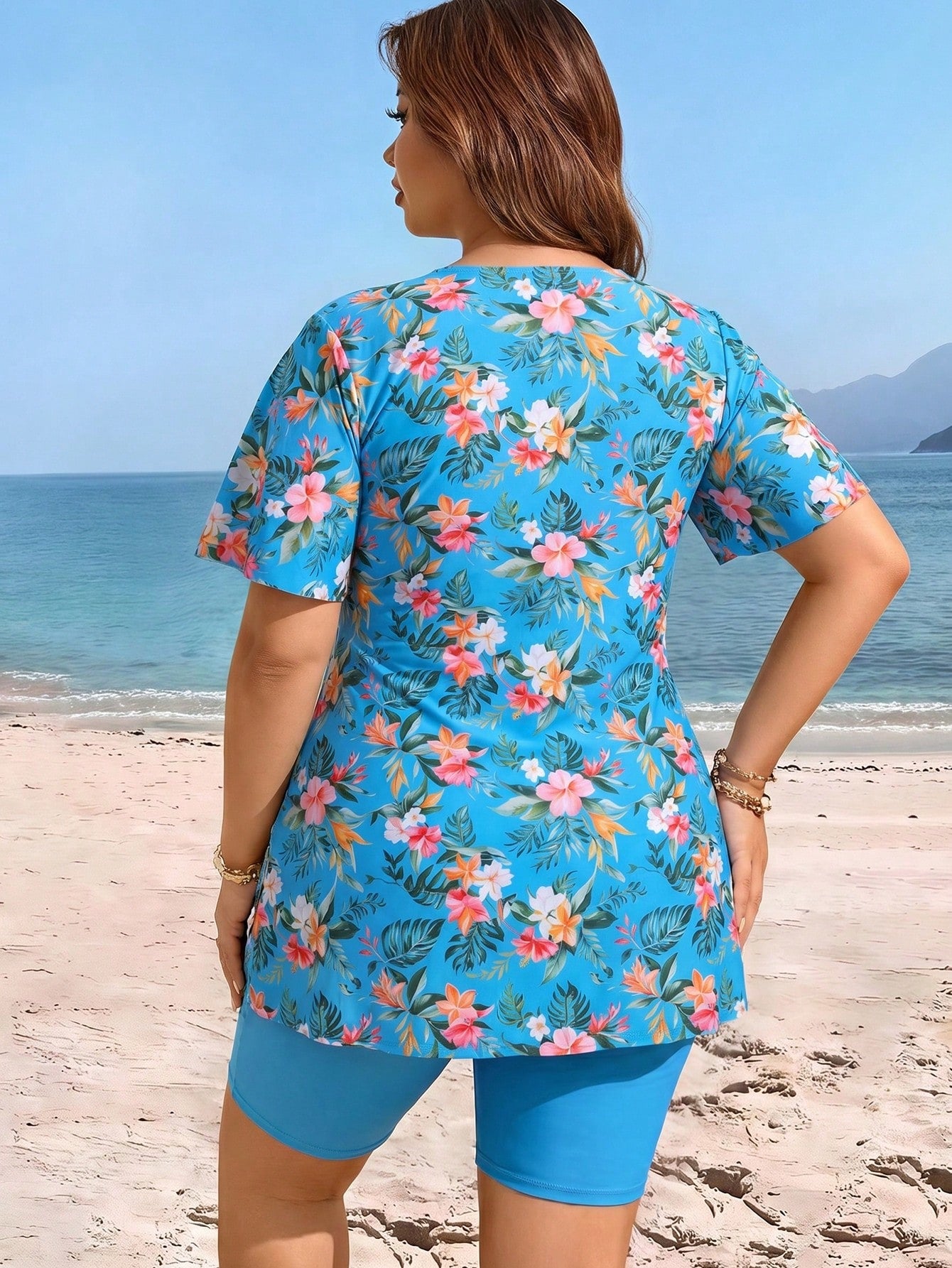 Swim Lushoire Plus Size Women Floral Print Tankini Top And Shorts Swimwear Set, Suitable For Summer Vacation