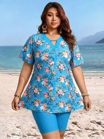 Swim Lushoire Plus Size Women Floral Print Tankini Top And Shorts Swimwear Set, Suitable For Summer Vacation