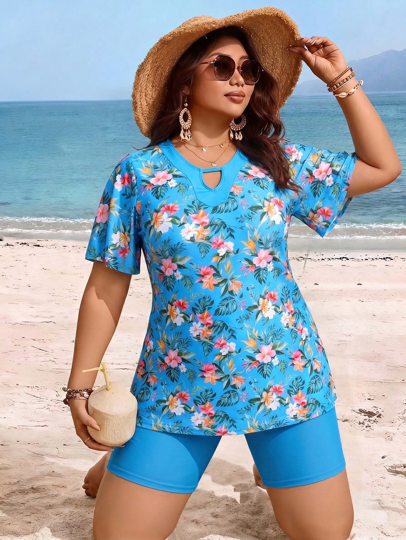 Swim Lushoire Plus Size Women Floral Print Tankini Top And Shorts Swimwear Set, Suitable For Summer Vacation