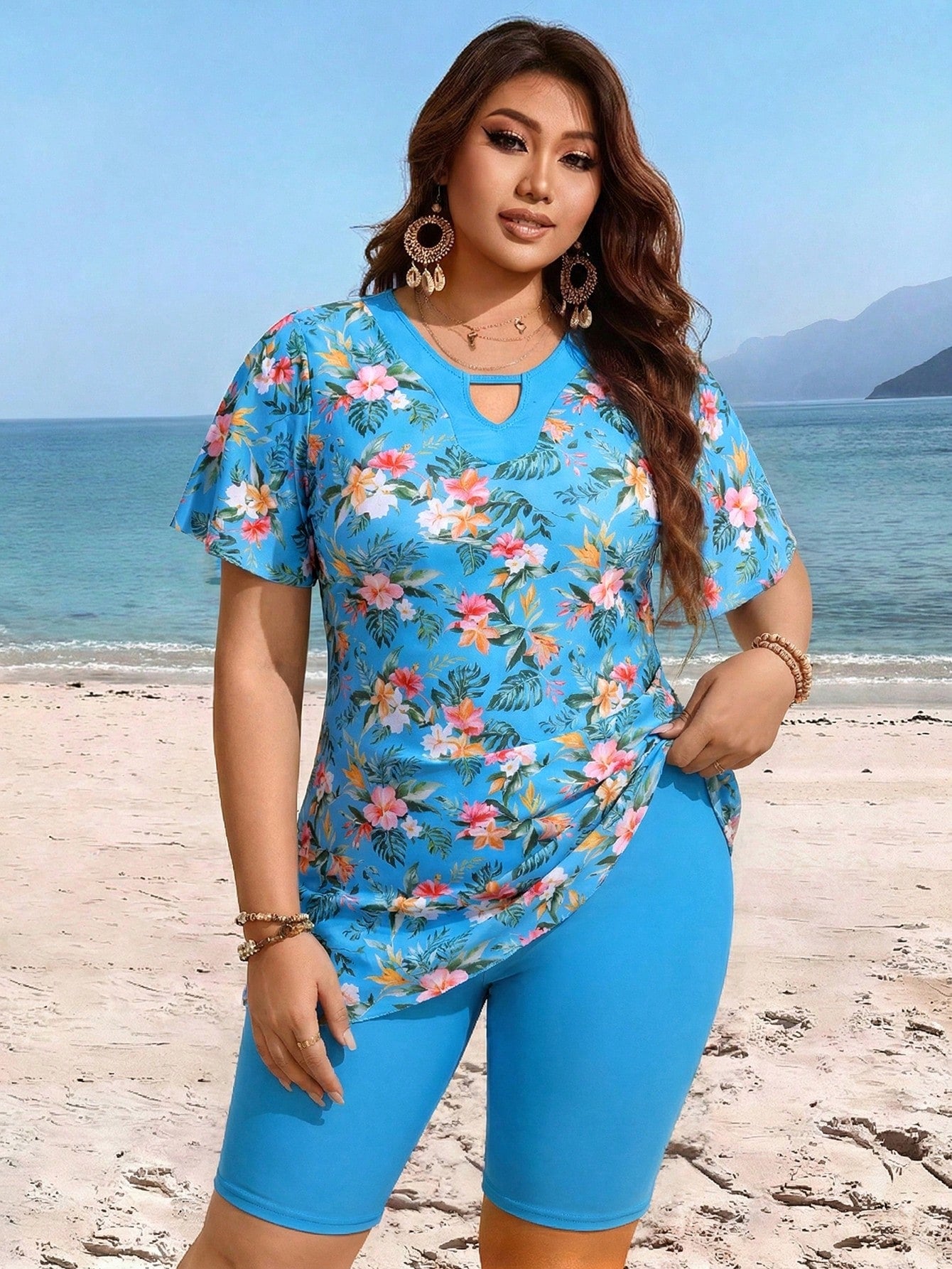 Swim Lushoire Plus Size Women Floral Print Tankini Top And Shorts Swimwear Set, Suitable For Summer Vacation