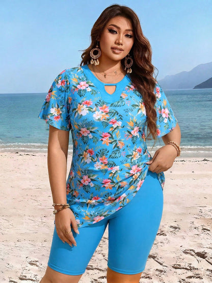 Swim Lushoire Plus Size Women Floral Print Tankini Top And Shorts Swimwear Set, Suitable For Summer Vacation