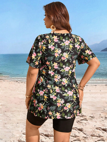 Swim Lushoire Plus Size Women Floral Print Tankini Top And Shorts Swimwear Set, Suitable For Summer Vacation