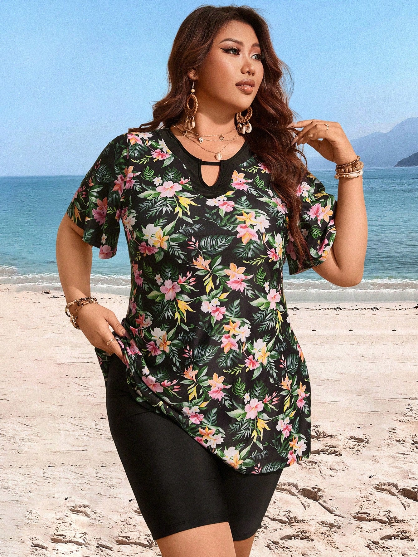 Swim Lushoire Plus Size Women Floral Print Tankini Top And Shorts Swimwear Set, Suitable For Summer Vacation