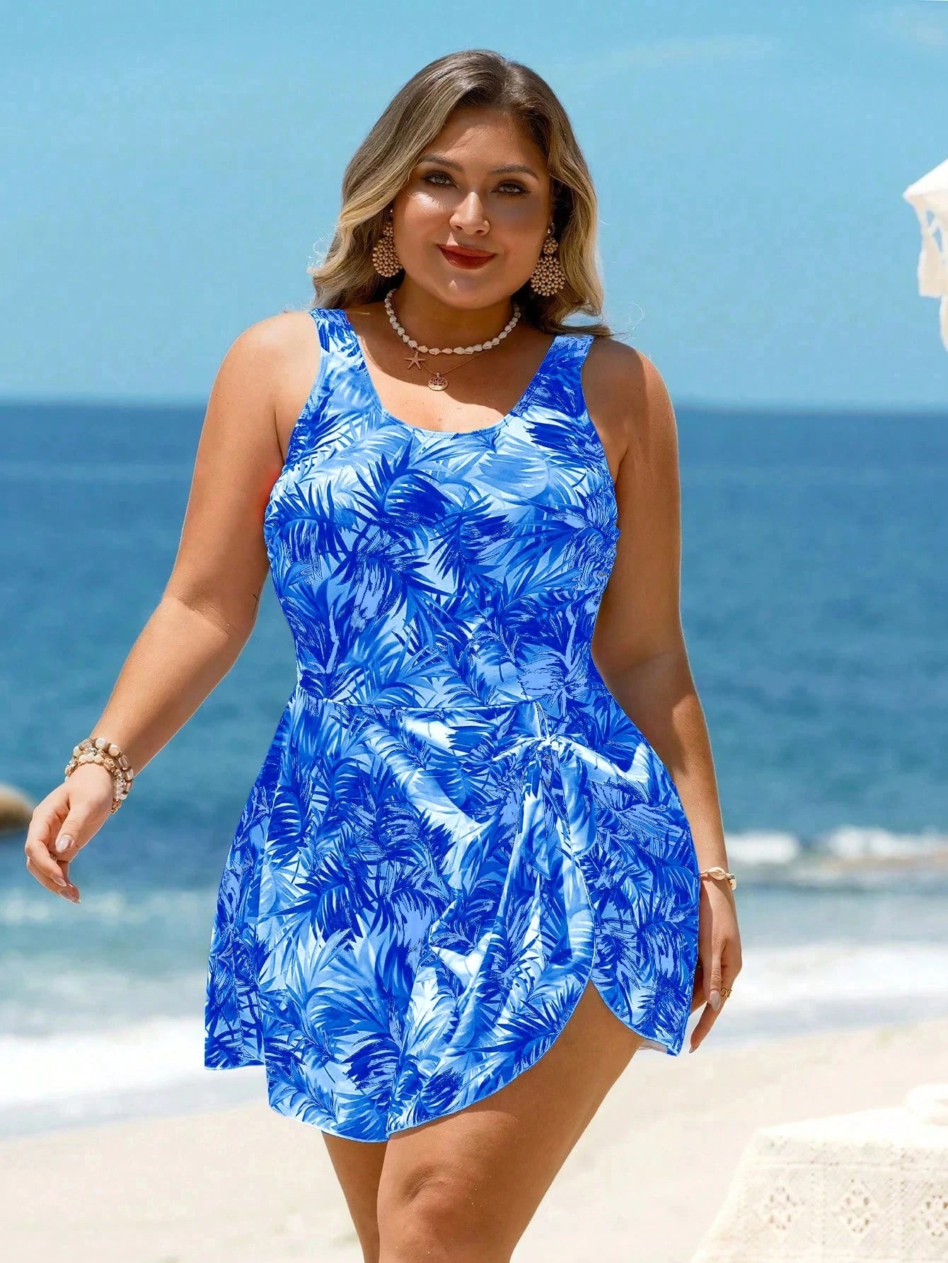 Swim Lushoire Plus Size Women Royal Blue Leaf Print Halter Swimdress, Beach Vacation Holiday Swimwear Summer