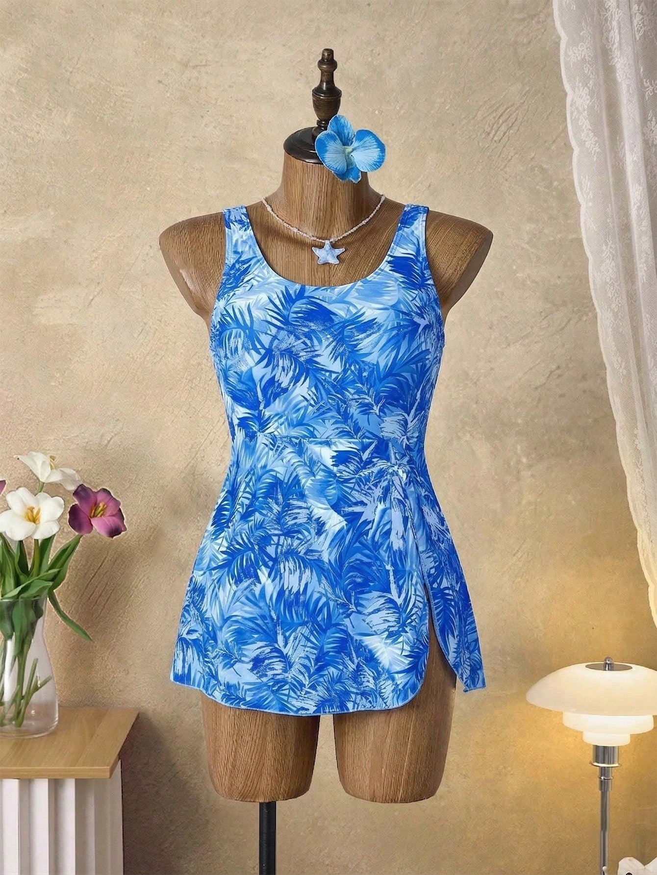 Swim Lushoire Plus Size Women Royal Blue Leaf Print Halter Swimdress, Beach Vacation Holiday Swimwear Summer