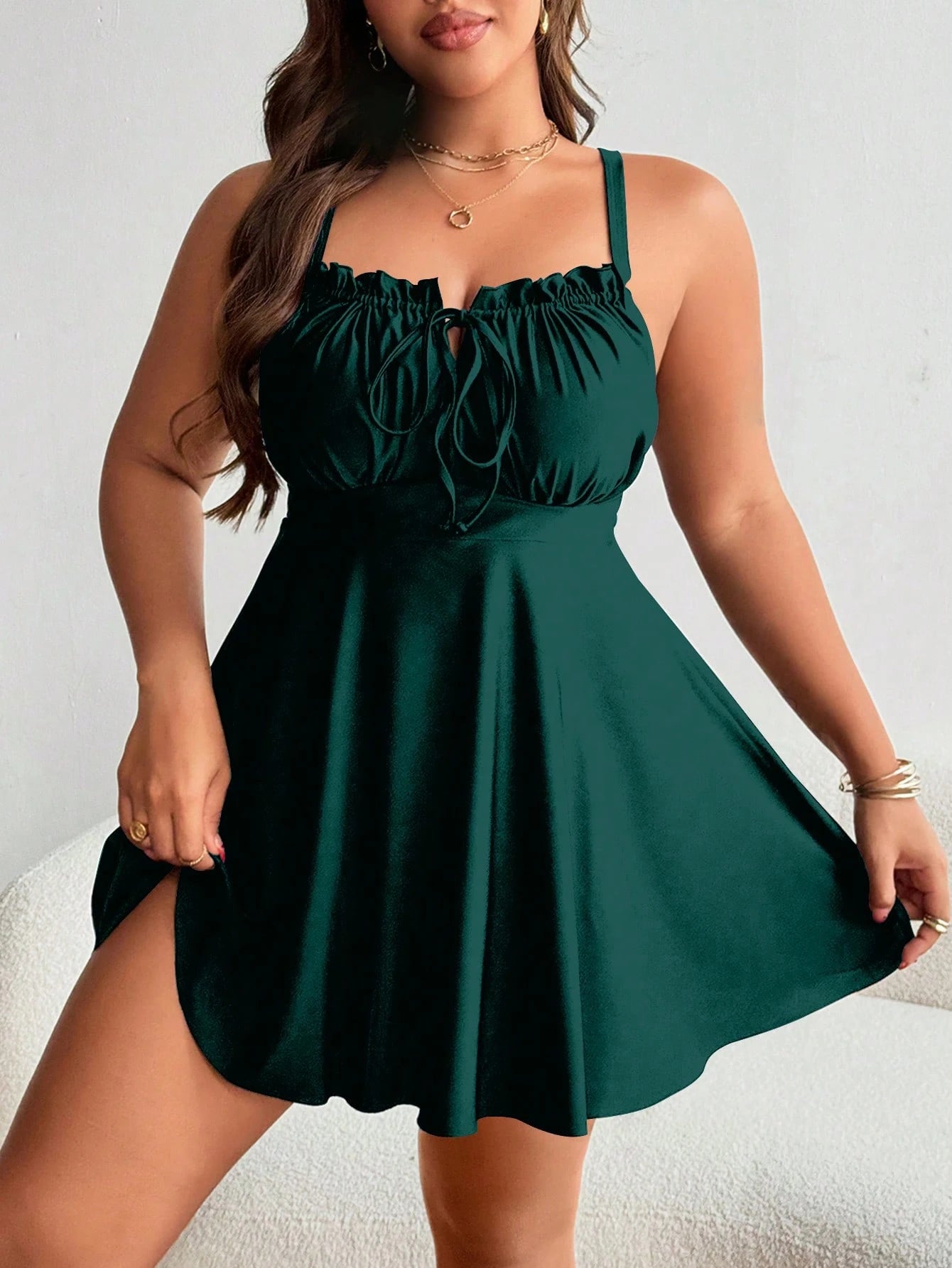 Swim Lushoire Plus Size Women's Black Ruffled Tie Front Tankini Swimdress For Summer Beach Vacation