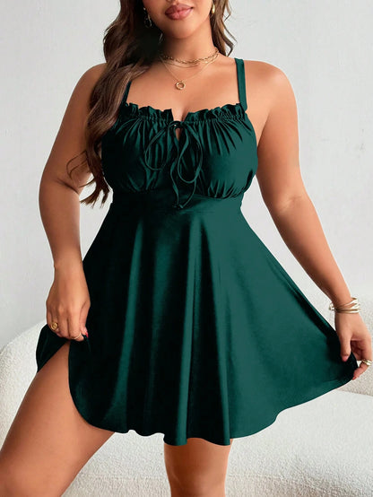 Swim Lushoire Plus Size Women's Black Ruffled Tie Front Tankini Swimdress For Summer Beach Vacation