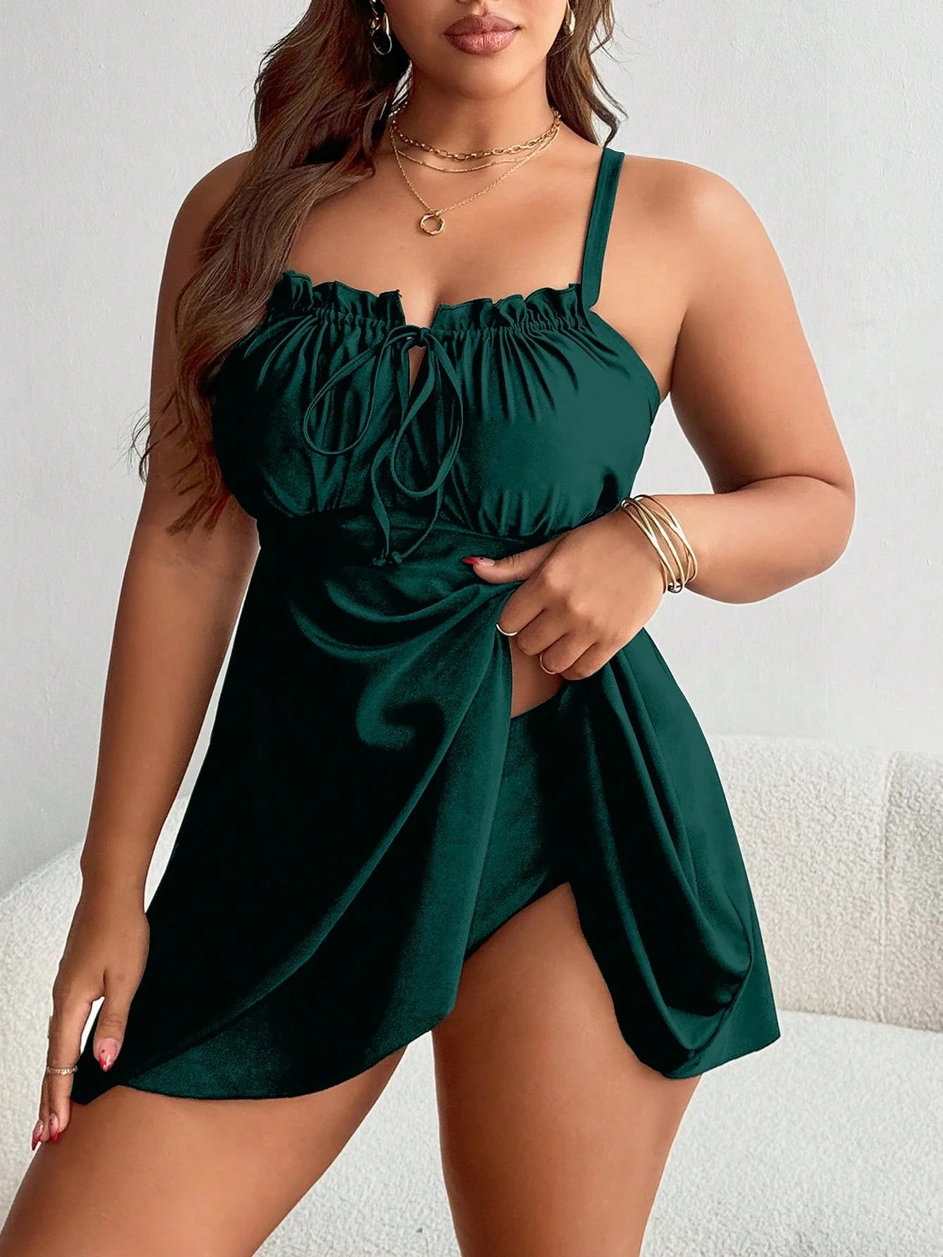 Swim Lushoire Plus Size Women's Black Ruffled Tie Front Tankini Swimdress For Summer Beach Vacation