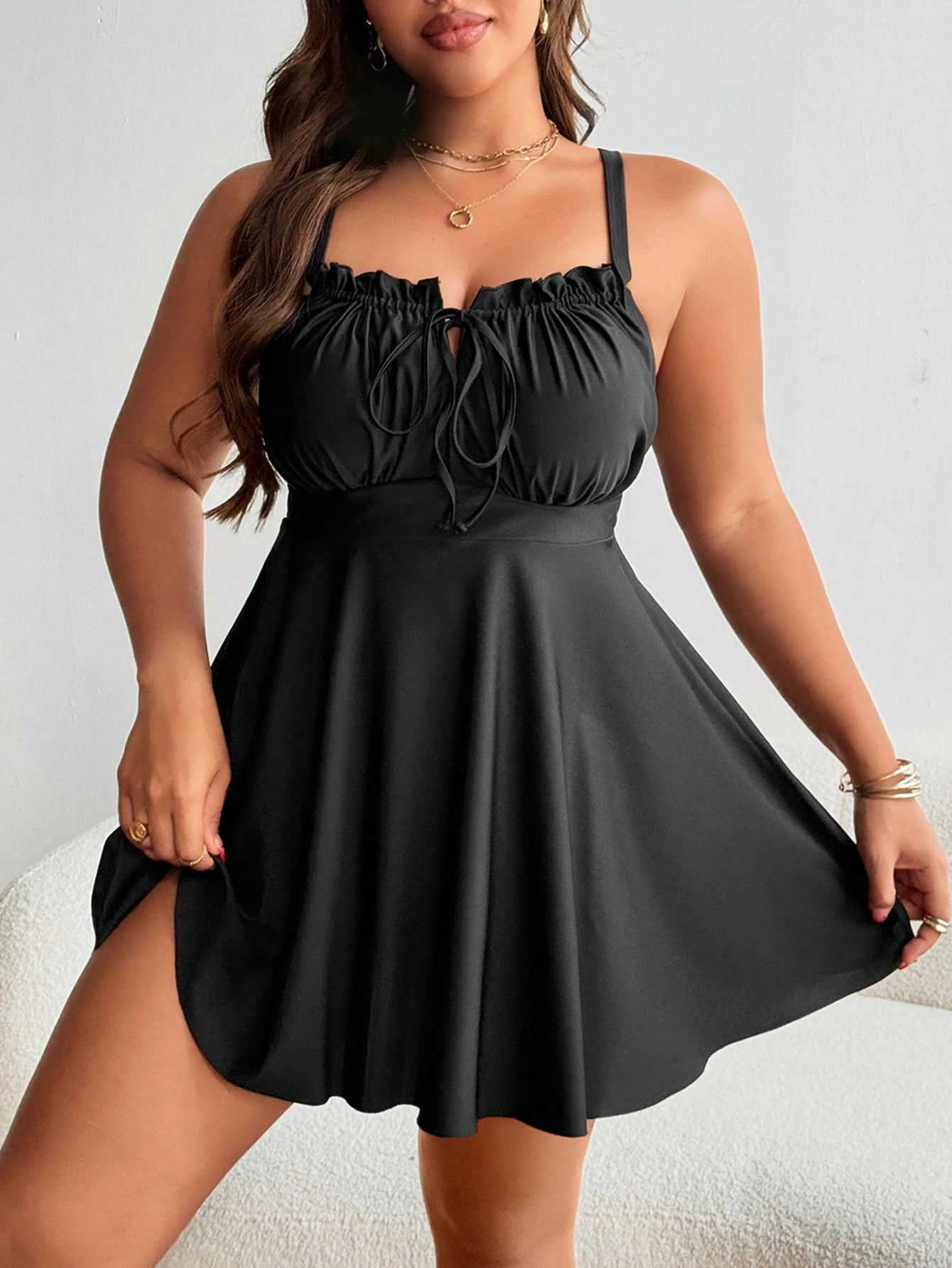 Swim Lushoire Plus Size Women's Black Ruffled Tie Front Tankini Swimdress For Summer Beach Vacation