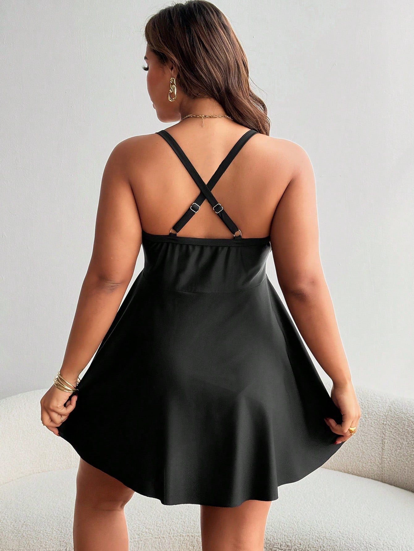 Swim Lushoire Plus Size Women's Black Ruffled Tie Front Tankini Swimdress For Summer Beach Vacation