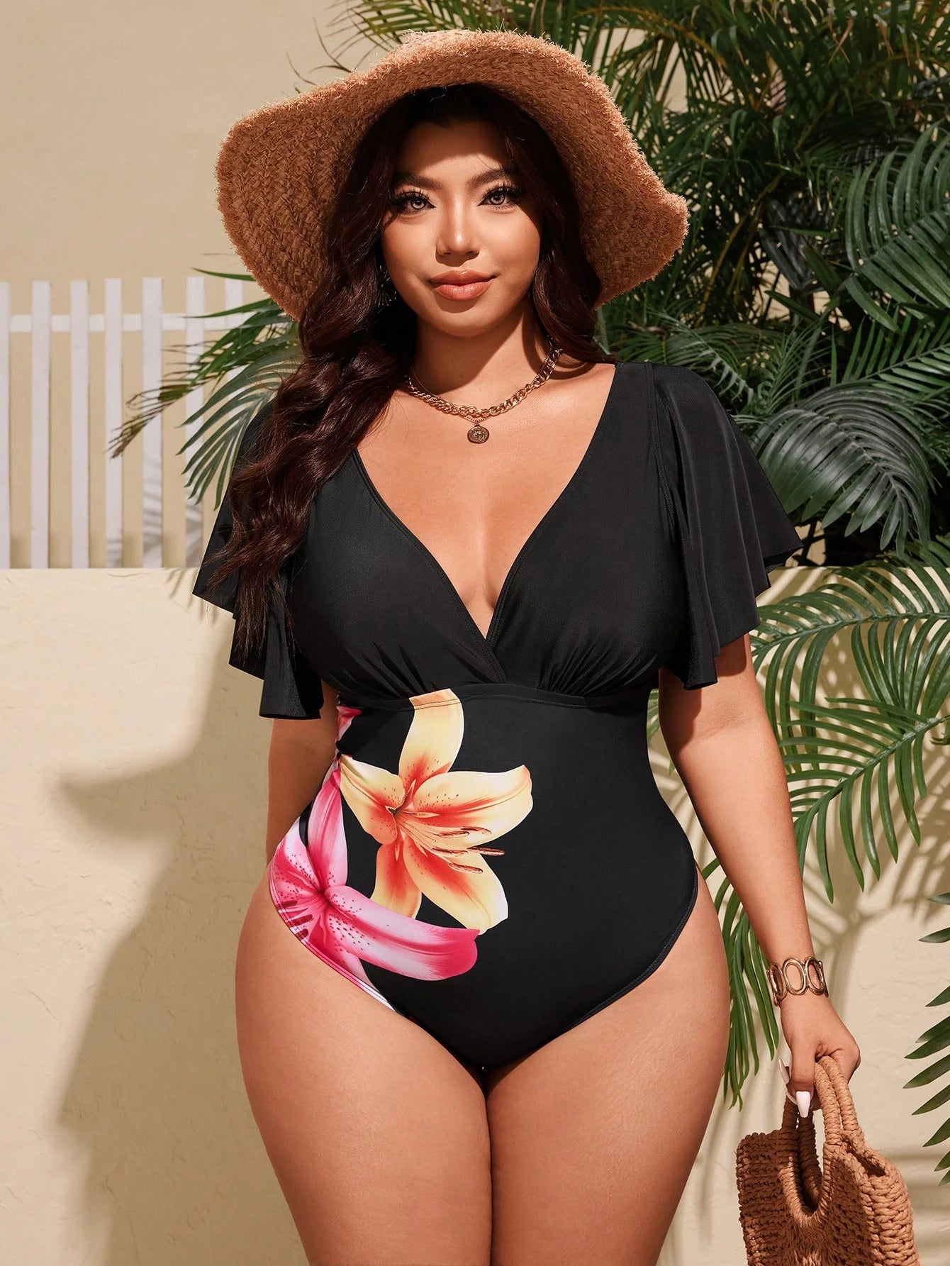 Swim Lushoire Plus Size Women's Black Tropical Floral Print Ruffled V-Neck One-Piece Swimsuit,Summer Beach Bikinis,Holiday Party Outfit New Year Christmas Clothes