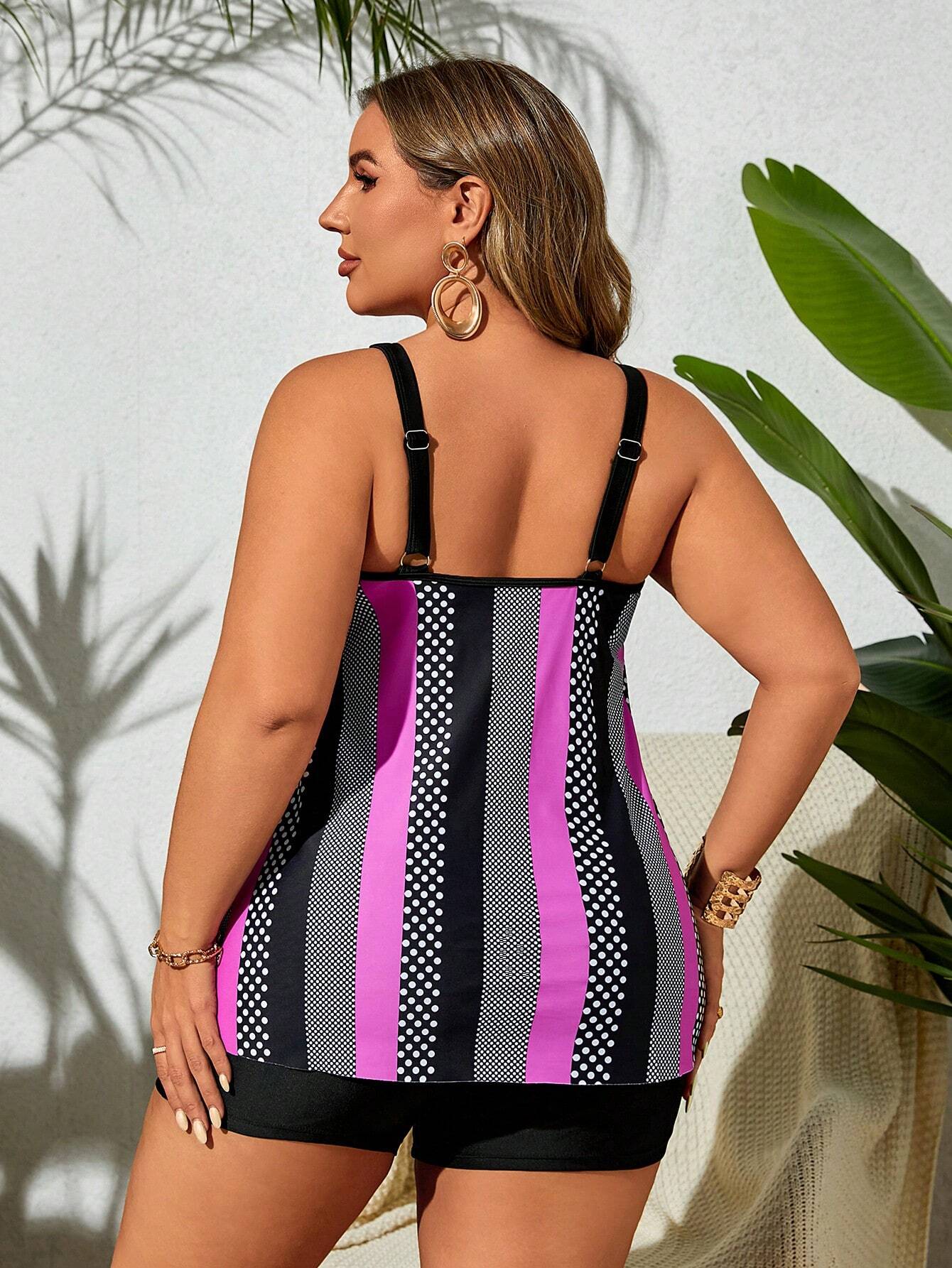 Swim Lushoire Plus Size Women's Polka Dot Striped Printed Casual Tankini Swimwear, Beach Vacation Summer