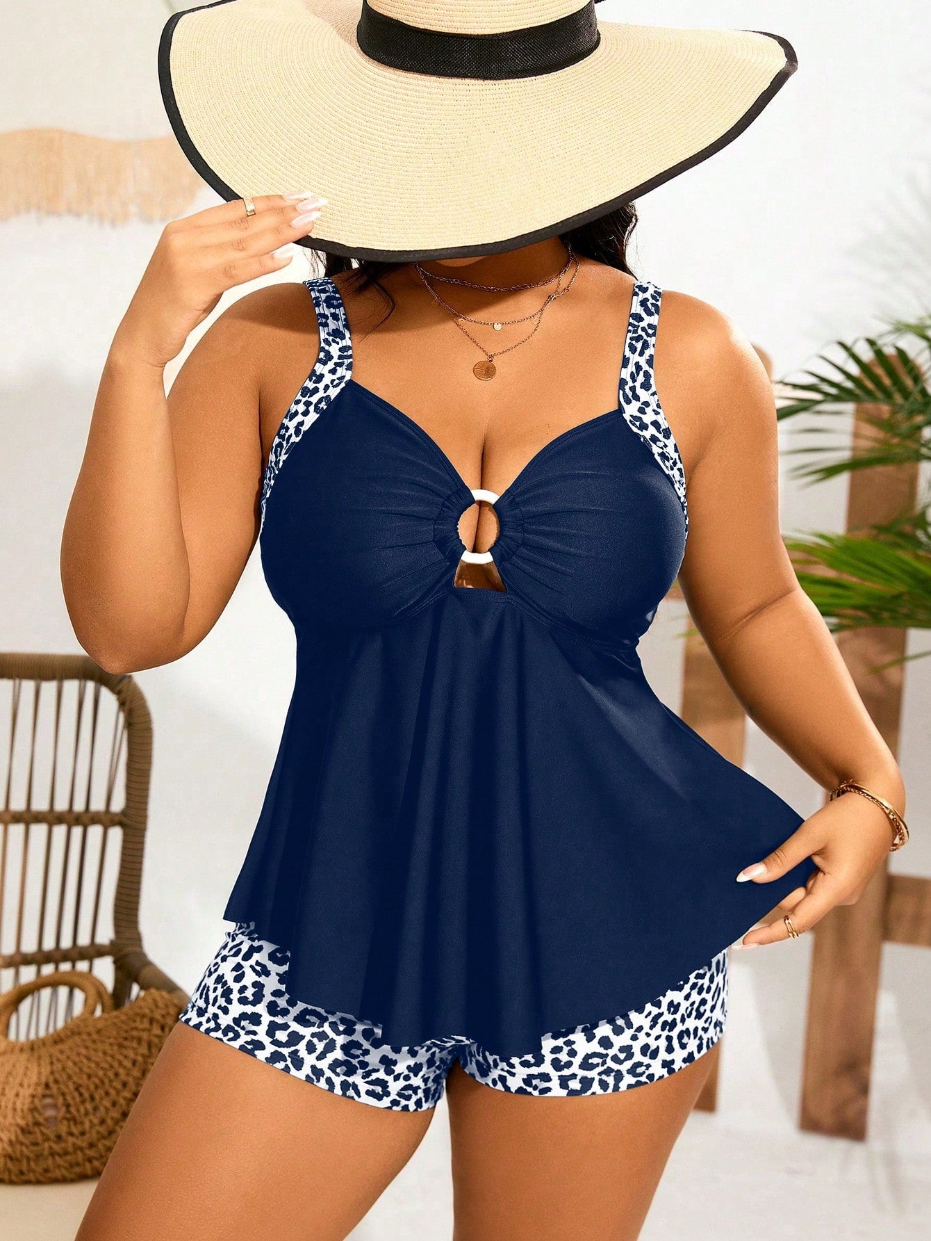 Swim Lushoire Plus Size Women's Random Printed Camisole Tankini Swimwear For Summer Beach Vacation