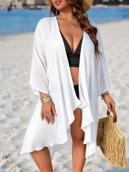 Swim Lushoire Plus Size Women's Solid Black Kimono Style Lightweight Loose Beach Cover Up, Mature & Minimalist Design