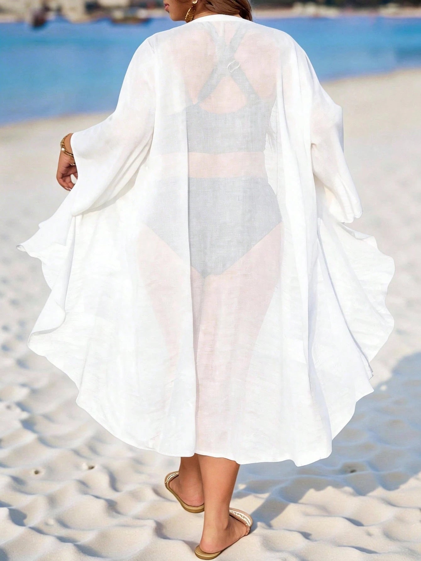 Swim Lushoire Plus Size Women's Solid Black Kimono Style Lightweight Loose Beach Cover Up, Mature & Minimalist Design