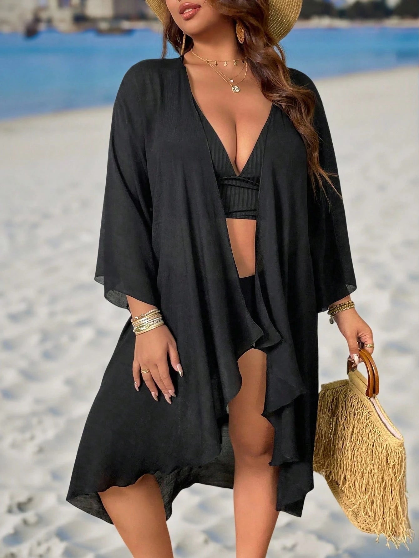 Swim Lushoire Plus Size Women's Solid Black Kimono Style Lightweight Loose Beach Cover Up, Mature & Minimalist Design