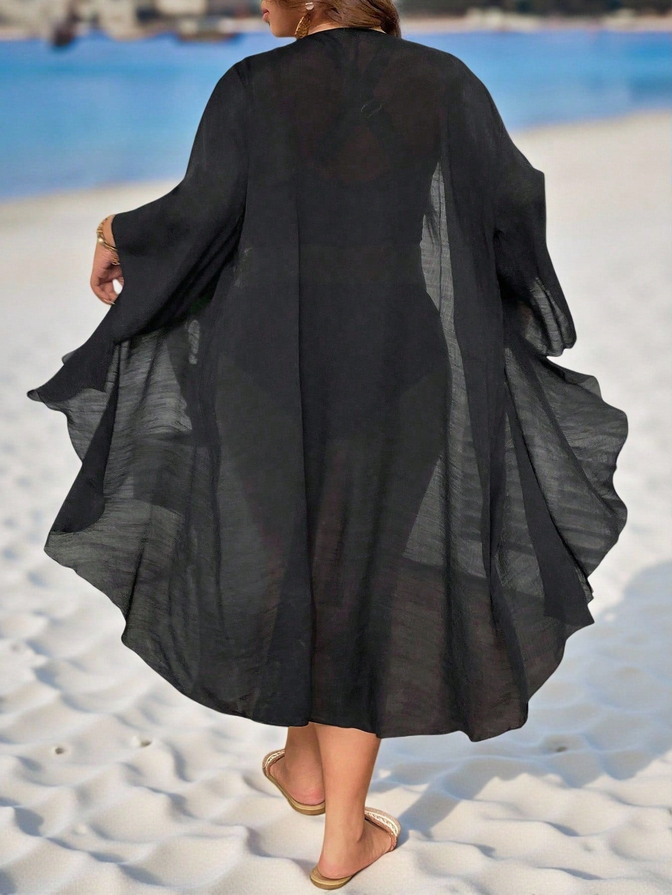 Swim Lushoire Plus Size Women's Solid Black Kimono Style Lightweight Loose Beach Cover Up, Mature & Minimalist Design