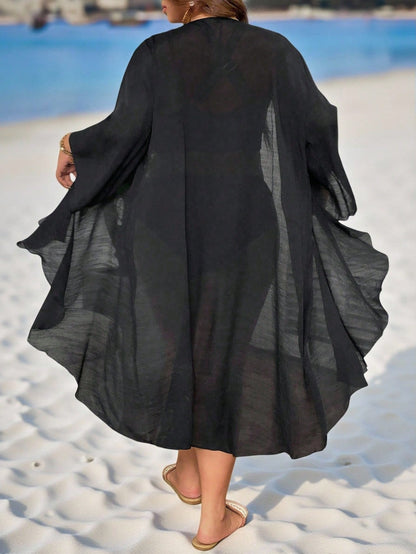 Swim Lushoire Plus Size Women's Solid Black Kimono Style Lightweight Loose Beach Cover Up, Mature & Minimalist Design