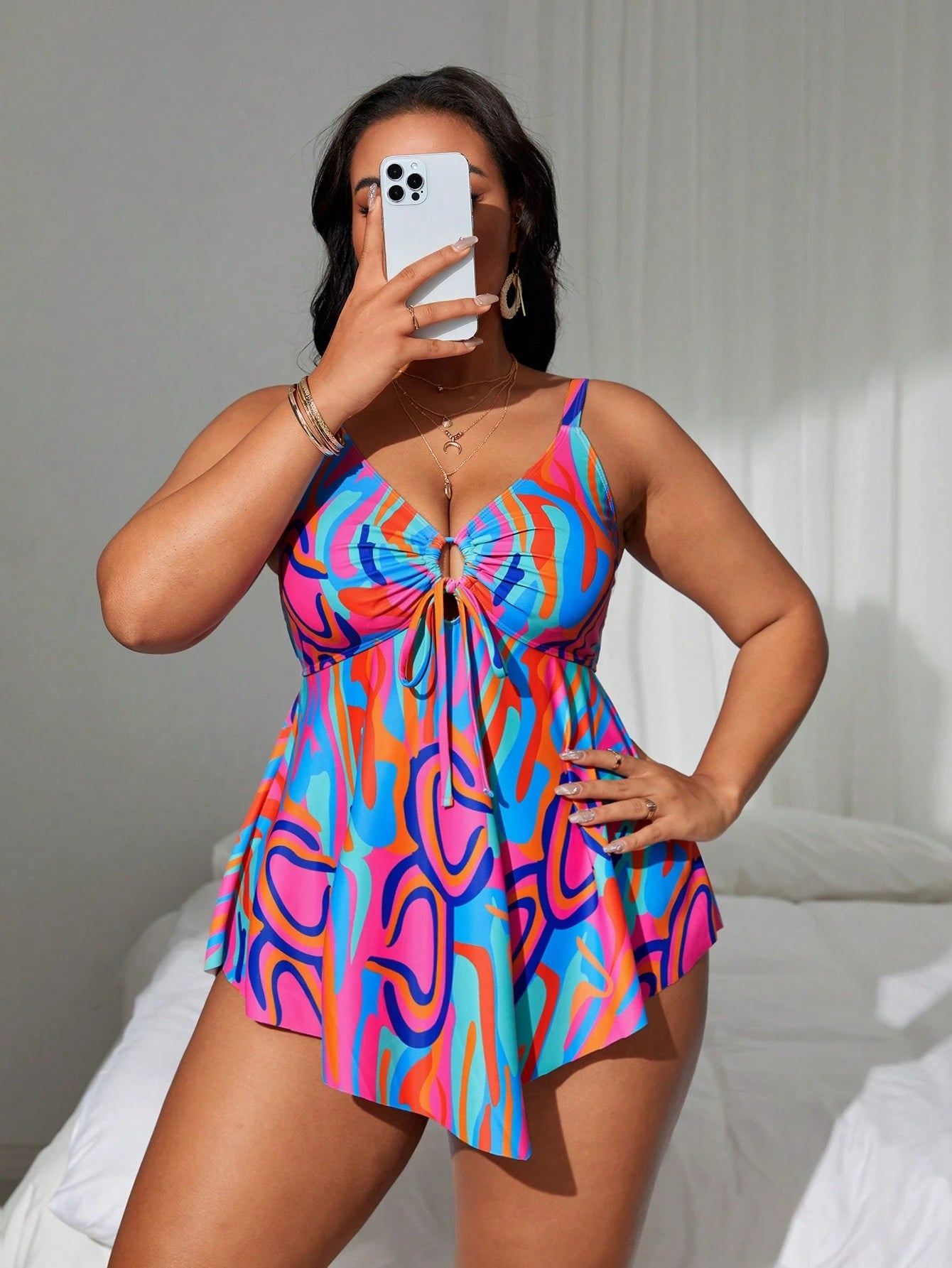 Swim Lushoire Plus Size Women's Summer Beach Vacation-Style Printed Swim Dress