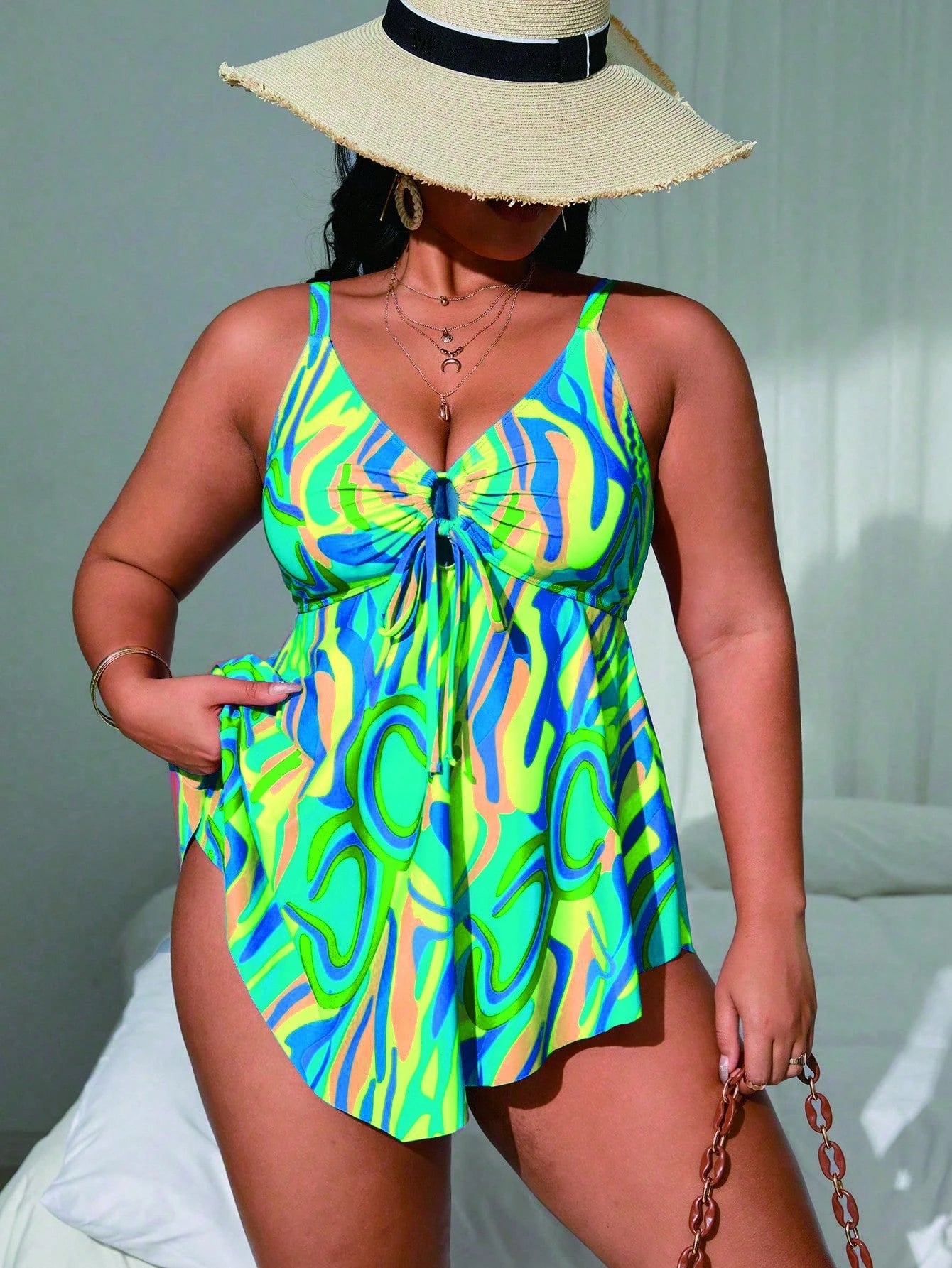 Swim Lushoire Plus Size Women's Summer Beach Vacation-Style Printed Swim Dress