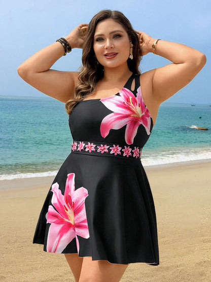 Swim Lushoire Plus Size Women's Two Pieces Swimwear, Summer Holiday Printed Tankini Swimwear