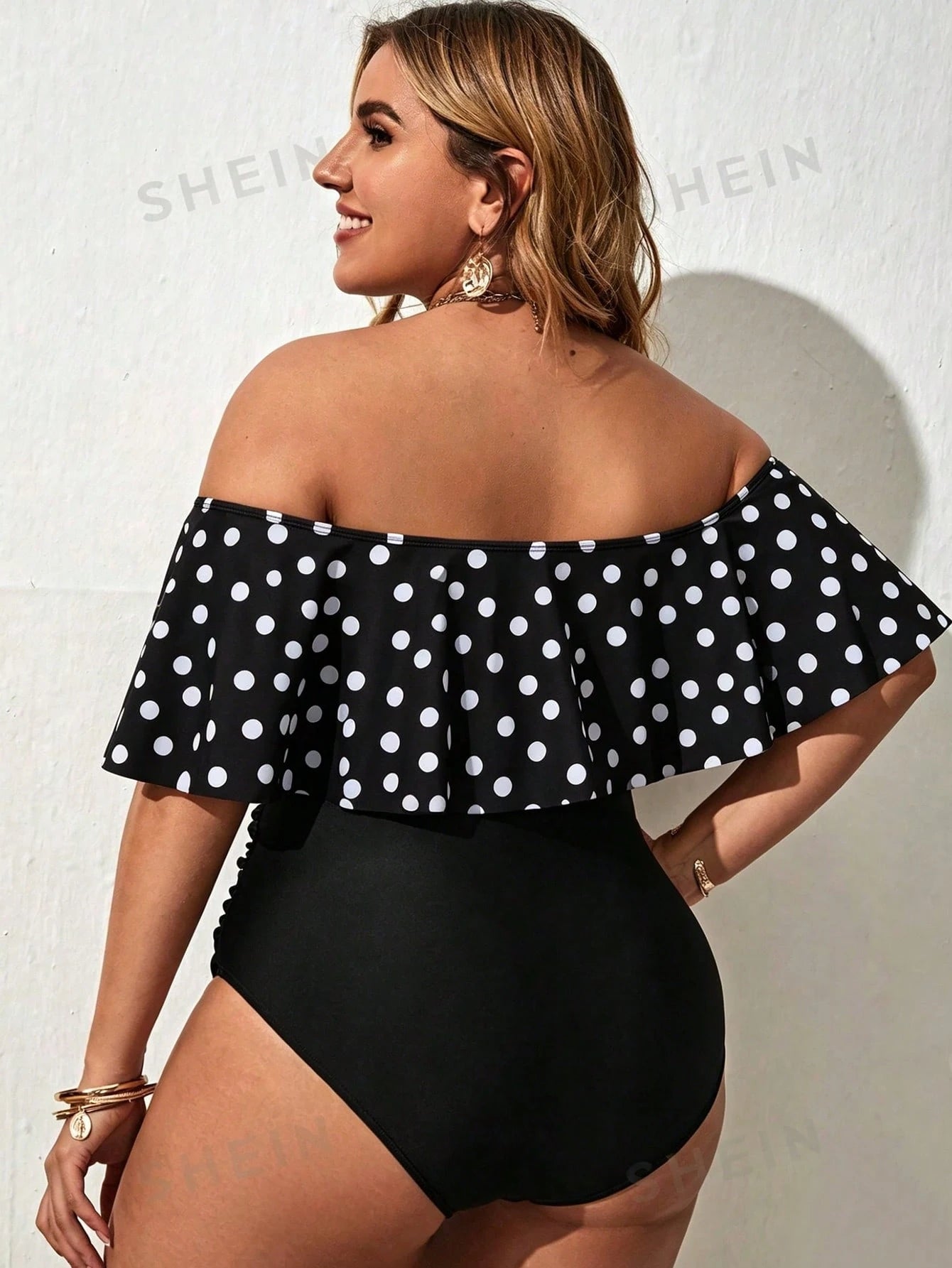 Swim Lushoire Plus Size Women Summer Beach Polka Dot Off-Shoulder Top And Triangle Bikini Swimwear Set