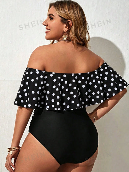 Swim Lushoire Plus Size Women Summer Beach Polka Dot Off-Shoulder Top And Triangle Bikini Swimwear Set