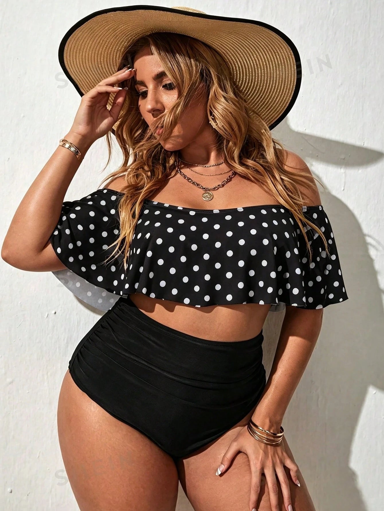 Swim Lushoire Plus Size Women Summer Beach Polka Dot Off-Shoulder Top And Triangle Bikini Swimwear Set