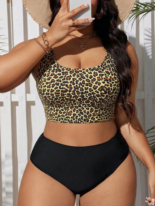 Swim Lushoire Plus Size Women Summer Beach Vacation Leopard Print Tankinis Swimwear