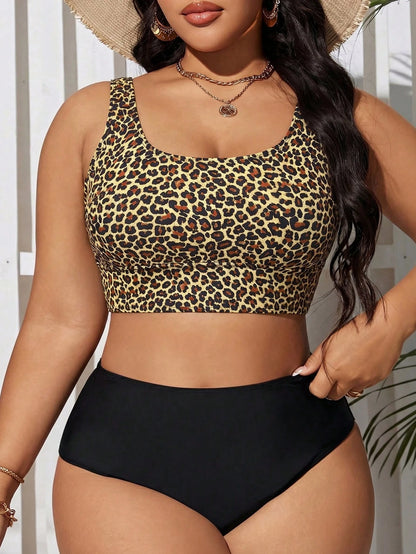 Swim Lushoire Plus Size Women Summer Beach Vacation Leopard Print Tankinis Swimwear