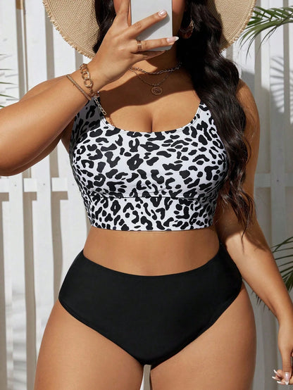 Swim Lushoire Plus Size Women Summer Beach Vacation Leopard Print Tankinis Swimwear