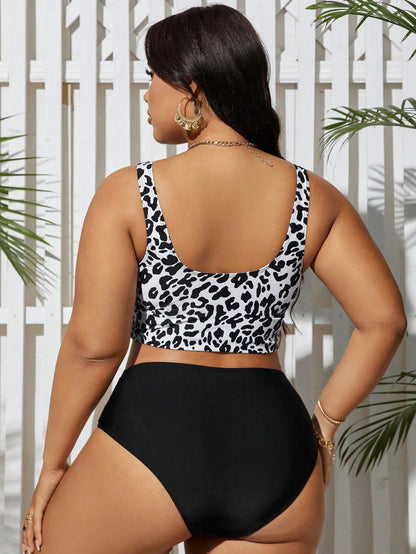 Swim Lushoire Plus Size Women Summer Beach Vacation Leopard Print Tankinis Swimwear