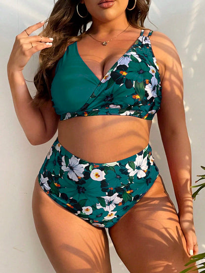 Swim Lushoire Summer Beach Plus Size Floral Print Bikini Set
