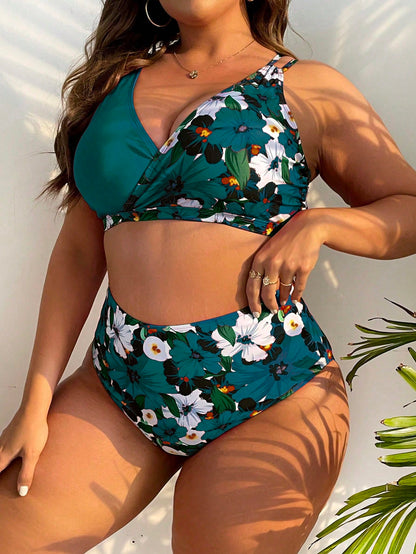 Swim Lushoire Summer Beach Plus Size Floral Print Bikini Set