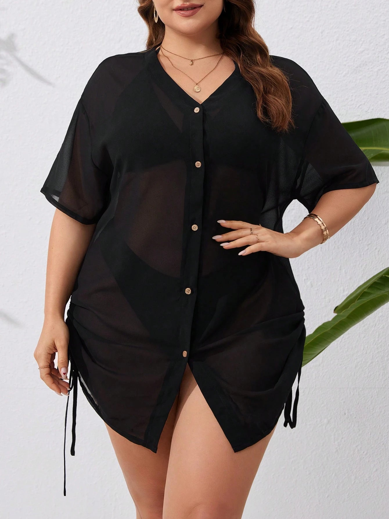 Swim Lushoire Summer Beach Plus Size Solid Color Kimono Style Dress With Front Button And Drawstring Waist