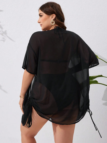 Swim Lushoire Summer Beach Plus Size Solid Color Kimono Style Dress With Front Button And Drawstring Waist