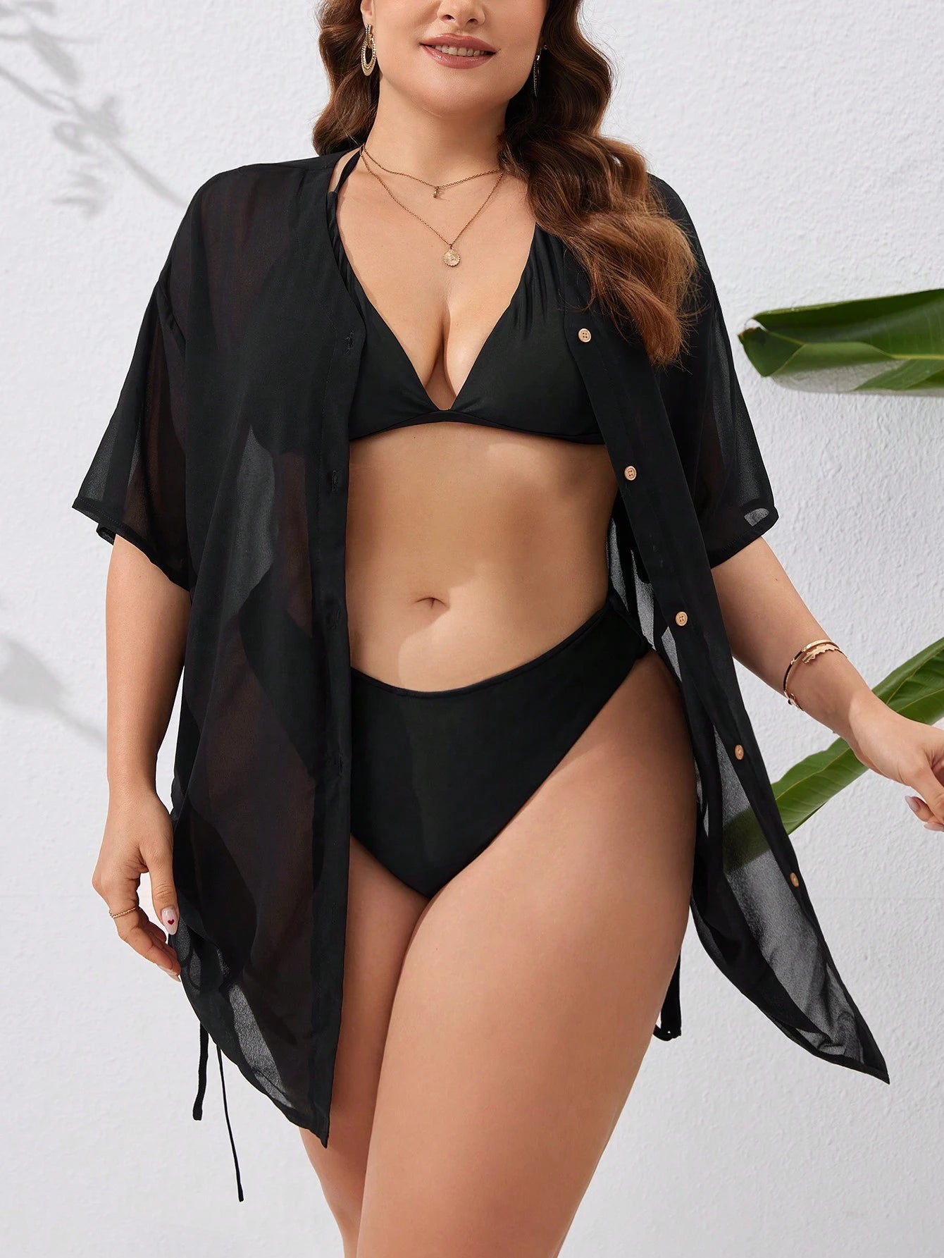 Swim Lushoire Summer Beach Plus Size Solid Color Kimono Style Dress With Front Button And Drawstring Waist