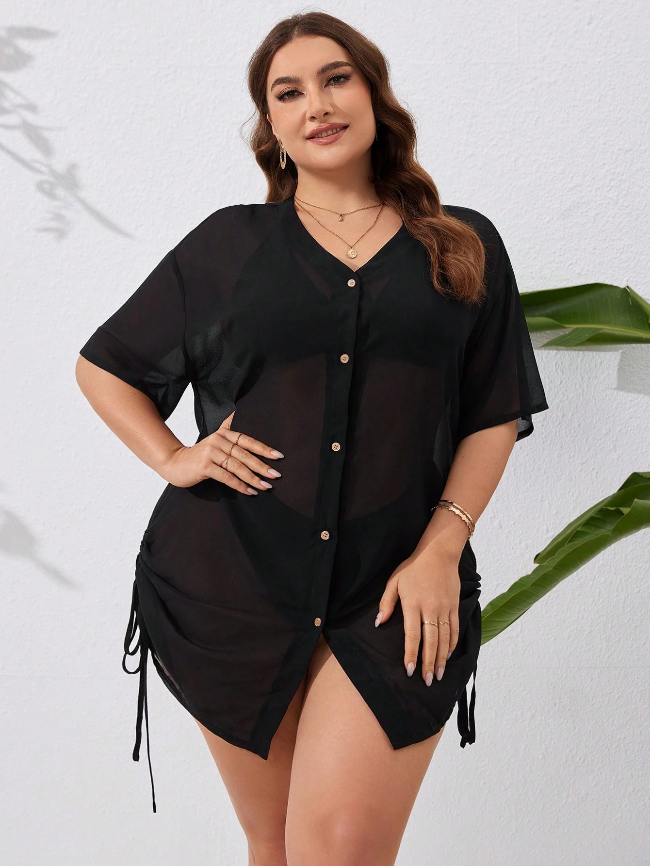 Swim Lushoire Summer Beach Plus Size Solid Color Kimono Style Dress With Front Button And Drawstring Waist