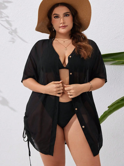 Swim Lushoire Summer Beach Plus Size Solid Color Kimono Style Dress With Front Button And Drawstring Waist