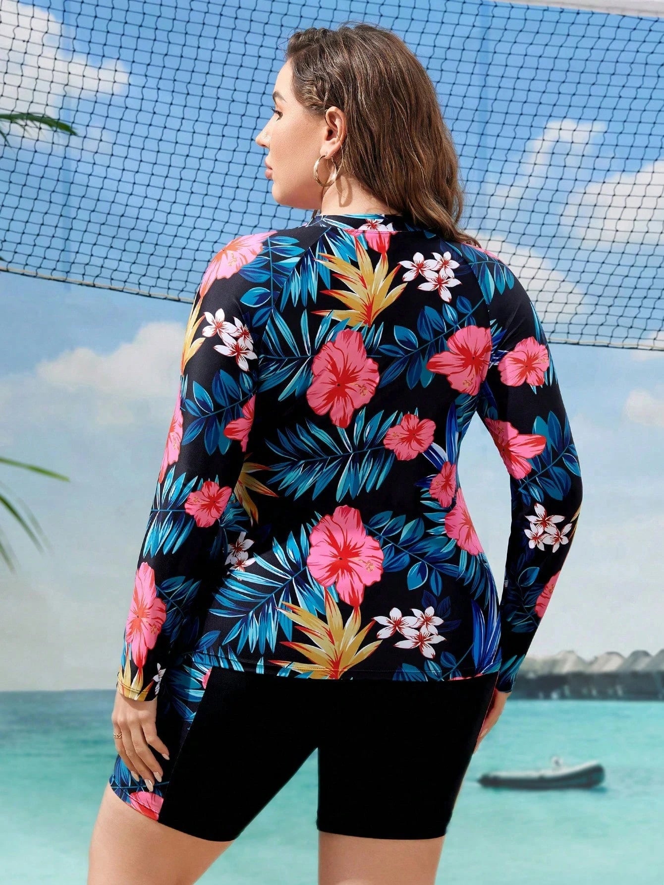 Swim Lushoire Summer Beach Plus Size Women's Floral & Botanical Print Long Sleeve T-Shirt With Boxer Burkini Swimwear Set Carnival